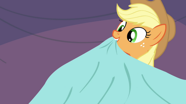 File:Applejack pulls away a sheetcover S3E8.png