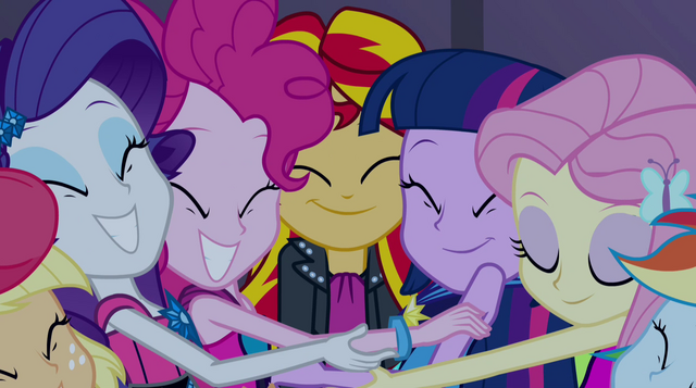 File:Group hug around Sunset Shimmer EG2.png