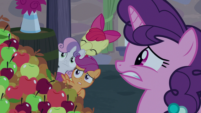 File:Sugar Belle and CMCs cringe at Big Mac's singing S7E8.png