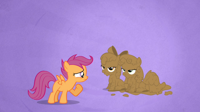 File:Scootaloo Stares at the Mud-covered Apple Bloom and Sweetie Belle S02E17.png