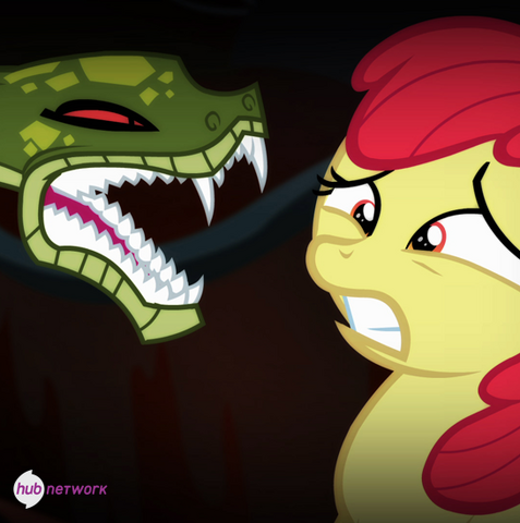 File:Hub promotional Apple Bloom looking at a chimera's snake head S4E17.png