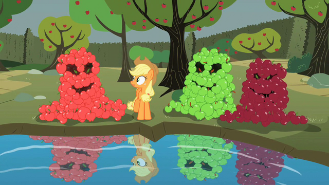 File:Apple piles encouraging Applejack to look into pool S2E01.png