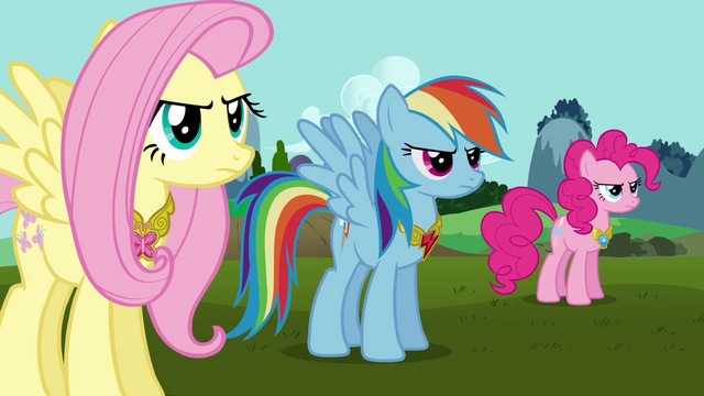 File:Fluttershy, Rainbow, and Pinkie wearing Elements S03E10.png
