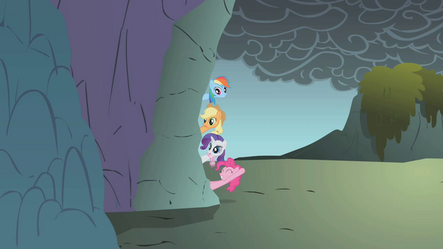 File:Rainbow Dash, Pinkie Pie, Applejack and Rarity hanging outside of the cave S1E7.png