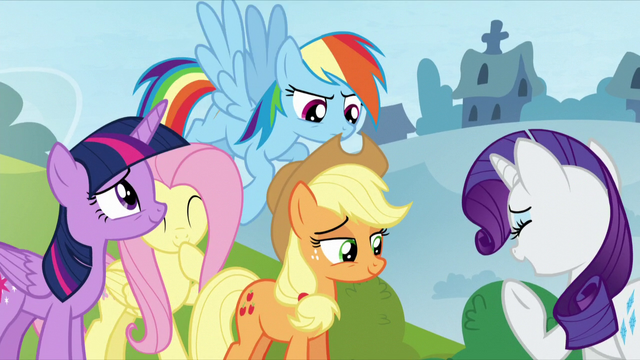 File:Twilight and AJ smiling; Fluttershy giggling; Rarity laughing; Rainbow looking serious S5E26.png