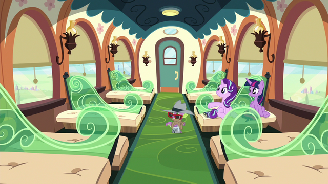 File:Twilight, Starlight, and Spike in an empty train car S6E16.png
