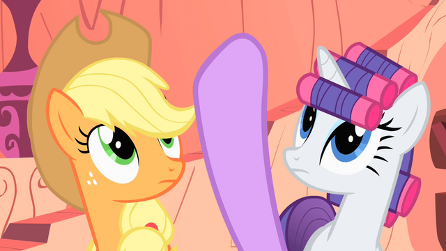 File:Twilight pointing behind AJ and Rarity S1E08.png