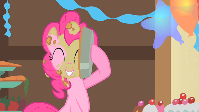 File:Pinkie Pie puts a pie to her face S1E22.png