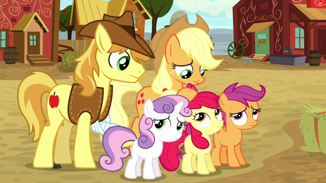 File:Applejack and Braeburn standing with the CMC S5E6.png