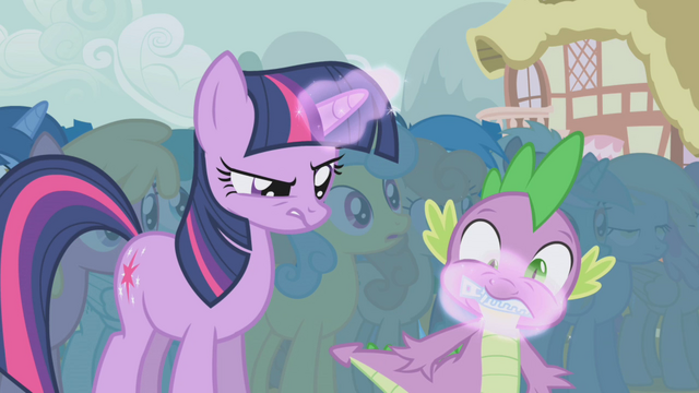 File:Twilight magically zips Spike's mouth shut S1E06.png