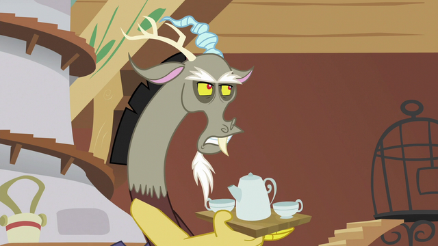 File:Discord holding tea set while disappointed S6E17.png