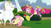 Pinkie Pie gritándole a Fluttershy usando un megáfono T4E10
