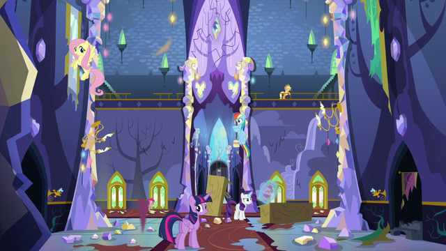 File:Fluttershy, Rainbow, and Twilight sees pieces falling down S5E11.png