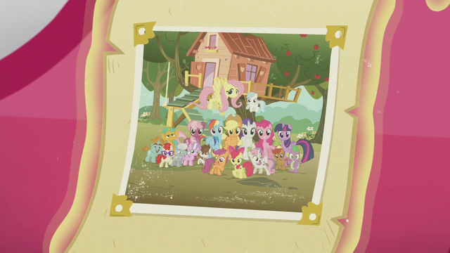 File:Photo of ponies in front of CMC clubhouse S5E18.png