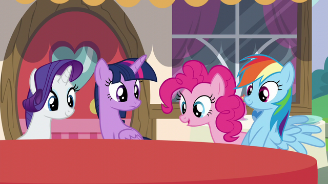 File:Main ponies watch the tablecloth change color S5E22.png