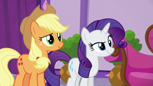 File:Applejack and Rarity looking impish S6E10.png