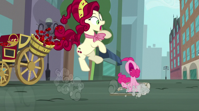 File:Pinkie slides back at Manehattan; Cherry Jubilee shocked S5E11.png
