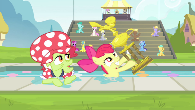 File:Apple Bloom and Granny Smith awarded a trophy S4E20.png