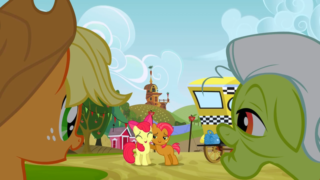 File:Applejack and Granny Smith watching Apple Bloom and Babs Seed S3E8.png