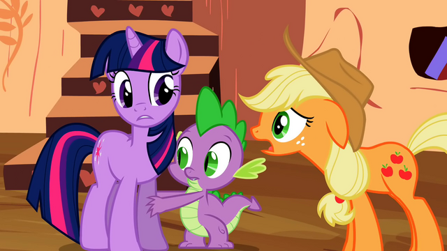 File:Twilight, Applejack, and Spike S02E06.png