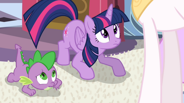 File:Spike and Twilight looks up at Celestia S4E01.png