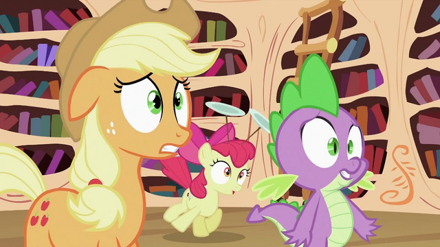 File:Applejack, Apple Bloom and Spike 'No known cure' S2E06.png