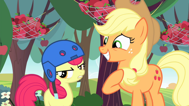 File:Applejack smiling and Apple Bloom frustrated S4E17.png