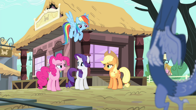 File:Rainbow, AJ and Pinkie looking at Rarity S4E11.png