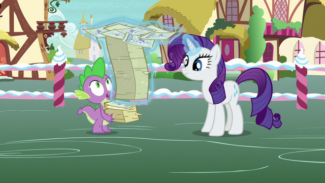 File:Rarity restacks contest flyers with her magic S7E9.png