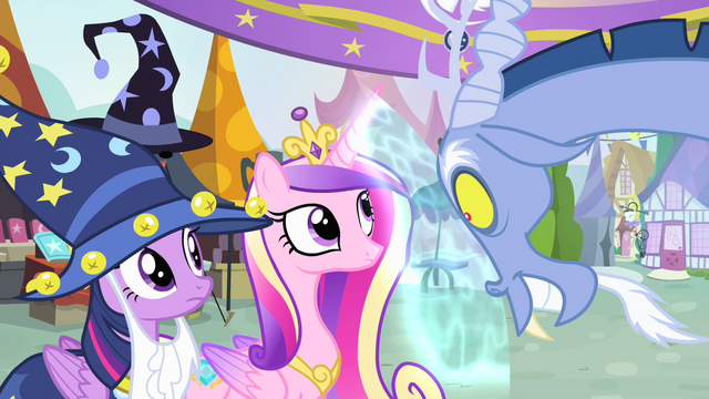 File:Discord looking at Cadance and Twilight S4E11.png