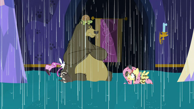 File:Fluttershy and animals in a castle flood S6E21.png
