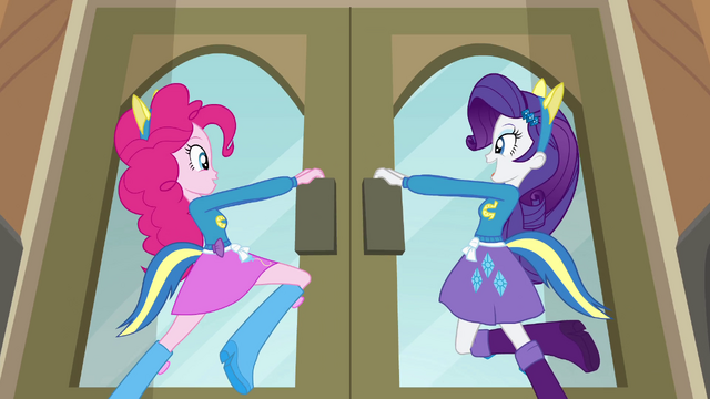 File:Pinkie Pie and Rarity opening the doors EG.png