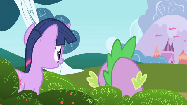 File:Twilight and Spike peeking out from bushes S1E01.png
