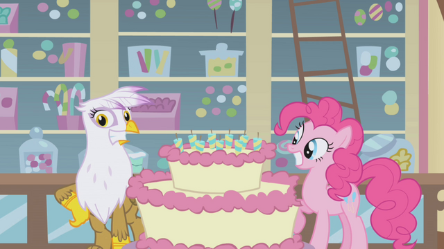 File:Pinkie and Gilda smiling by the cake S1E05.png