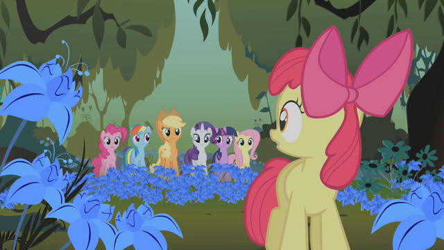 File:Applejack and friends looking at Apple Bloom S1E09.png