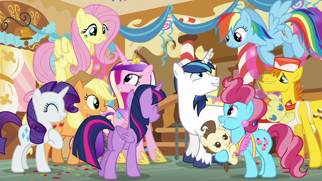 File:Ponies share in the royal couple's happiness S5E19.png