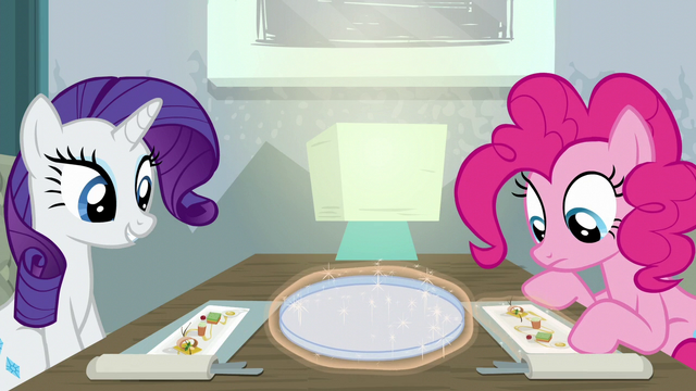 File:Rarity and Pinkie looking at their food S6E12.png