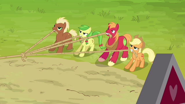 File:Applejack, Big McIntosh, Apple Fritter and Meadow Song pulling the ropes S3E03.png