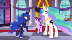 Princesses Celestia and Luna look at their switched cutie marks; Starlight worried S7E10