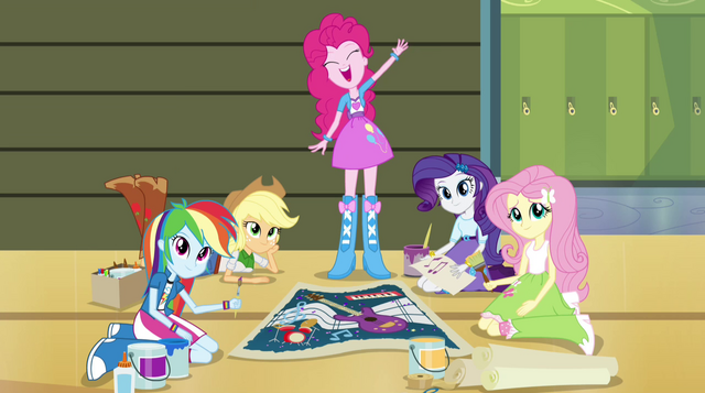File:Pinkie Pie and friends call Sunset over EG2.png