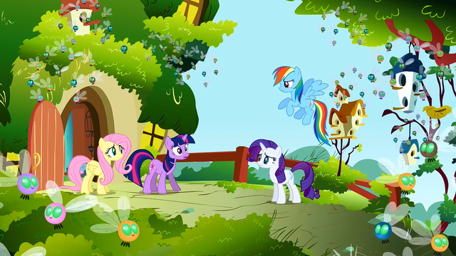 File:Main ponies at Fluttershy's cottage looking nervous S1E10.png
