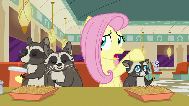 File:Fluttershy puts her hoof on Smoky Jr. "so they were temporarily camped out" S6E9.png