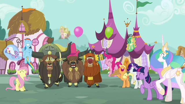 File:Ponies and yaks cheering S5E11.png