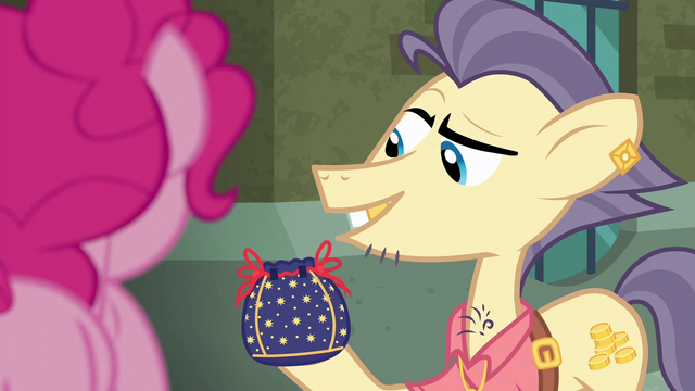 File:Pouch Pony holding up rock pouch S6E3.png