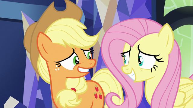 File:Applejack and Fluttershy grinning nervously S6E20.png