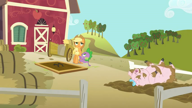 File:Applejack, Spike, and muddy pig S03E09.png