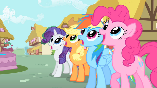 File:Rarity, Applejack, Rainbow, and Pinkie gasp at Philomena's renewal S01E22.png