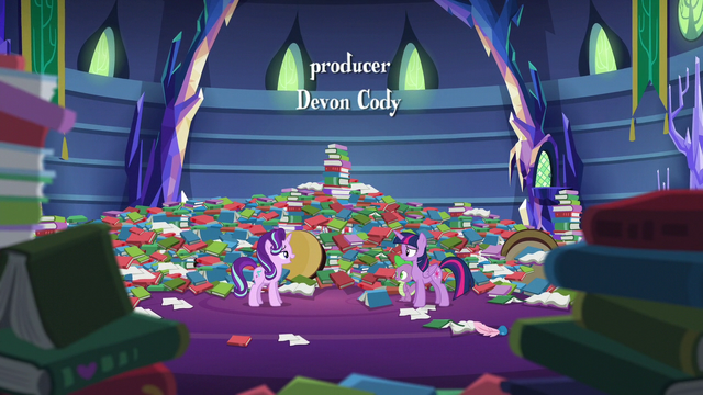File:Twilight, Spike, and Starlight in messy library S6E21.png