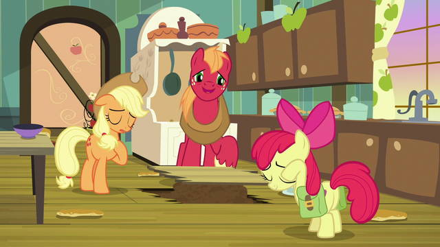 File:AJ, Apple Bloom, and Big Mac sigh in relief S7E13.png