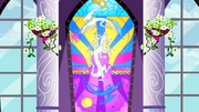 Celestia and Luna depicted on stain glass defeating Discord S02E01.png